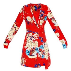 PLT - Red Floral Long Sleeve Wrap Dress